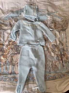 Hand-Knit Baby Set in Light Blue with Lace Trim